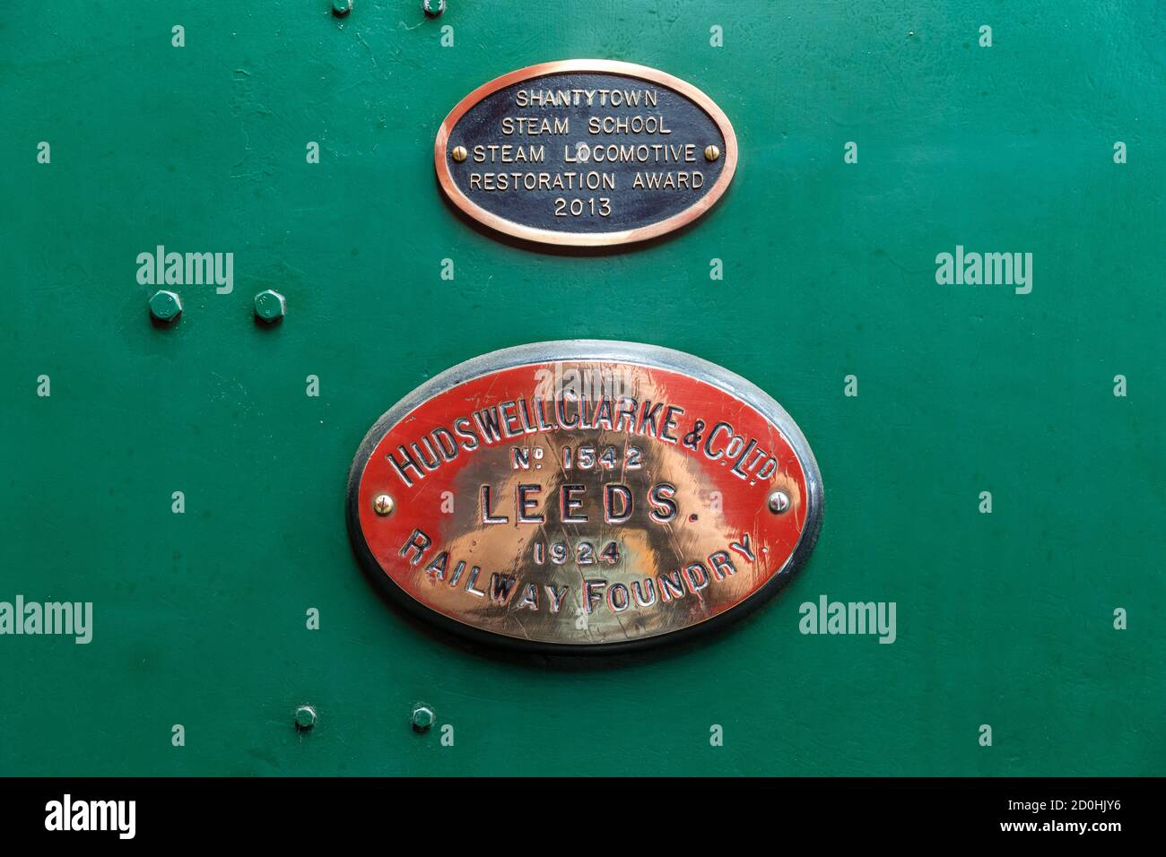 Plaque des fabricants de la locomotive à vapeur Hudswell, Clarke and Company Limited B10, dans l'atelier de la "Oamaru Steam and Rail Restoration Society" Banque D'Images