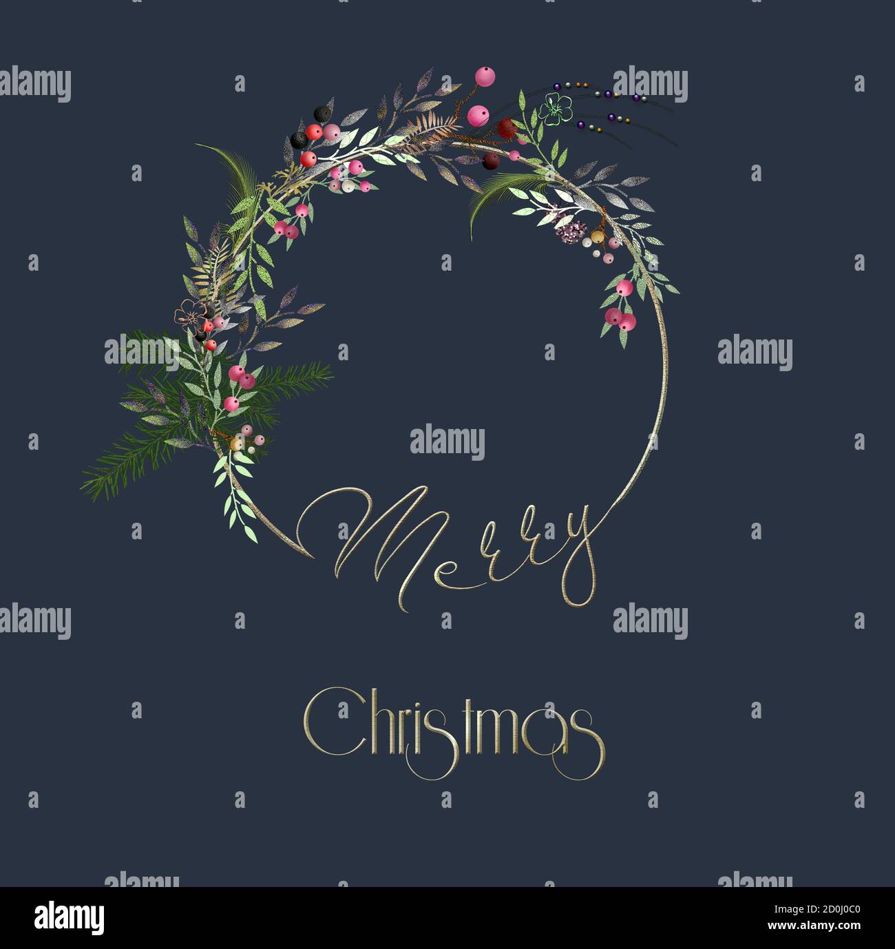 Couronne de Noël, guirlande sur fond bleu dans l'illustration 3D. Carte de vœux, fond festif. Texte doré Joyeux Noël. Banque D'Images