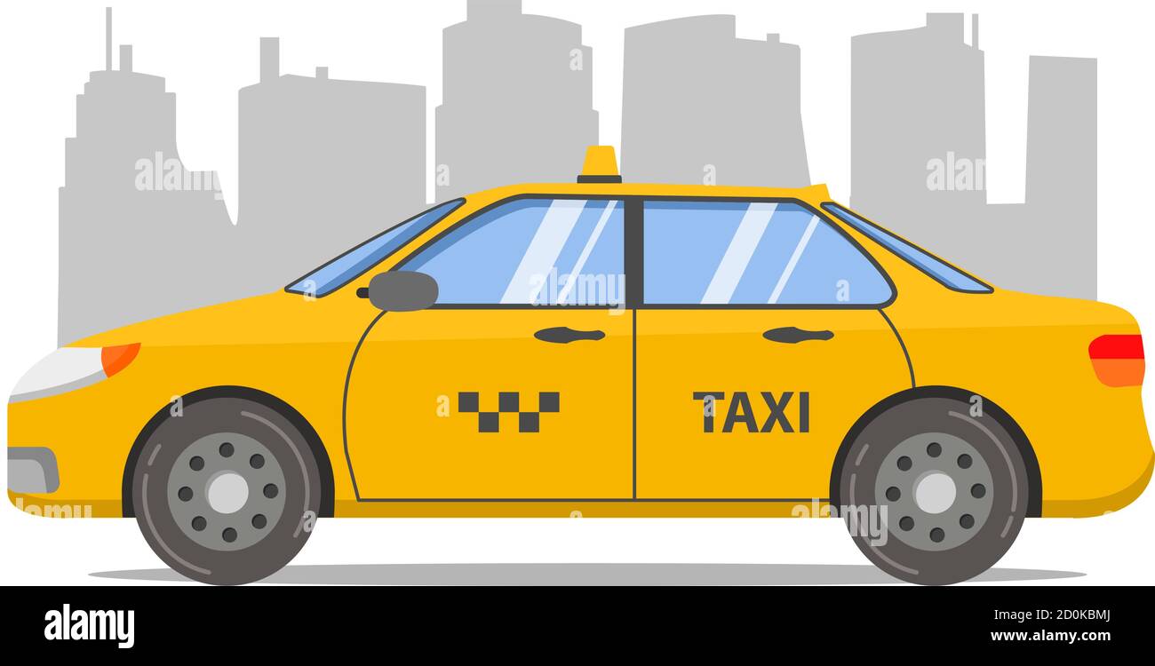Taxi voiture jaune cabine berline.ville gratte-ciel.icône de transport de service. Illustration de Vecteur