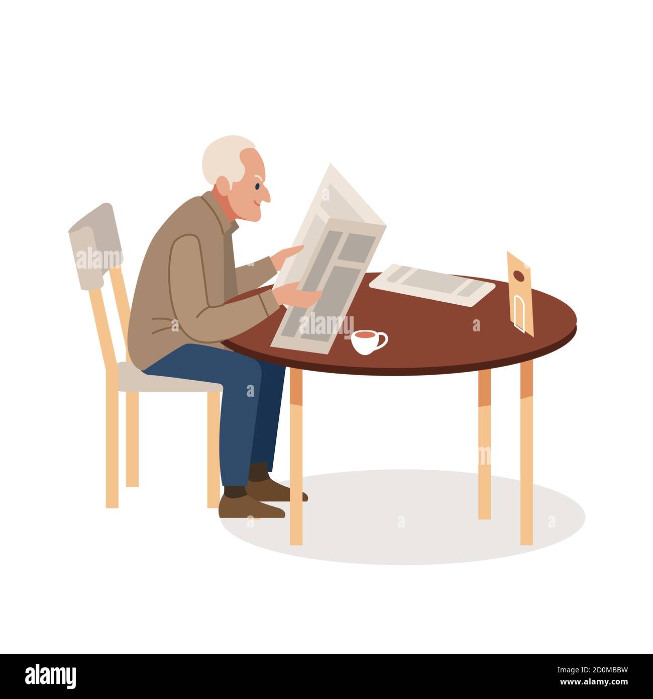 Vieil homme avec journal et café. Senior adulte Reading Journal concept de loisirs. Illustration de dessin animé à plan vectoriel. Illustration de Vecteur