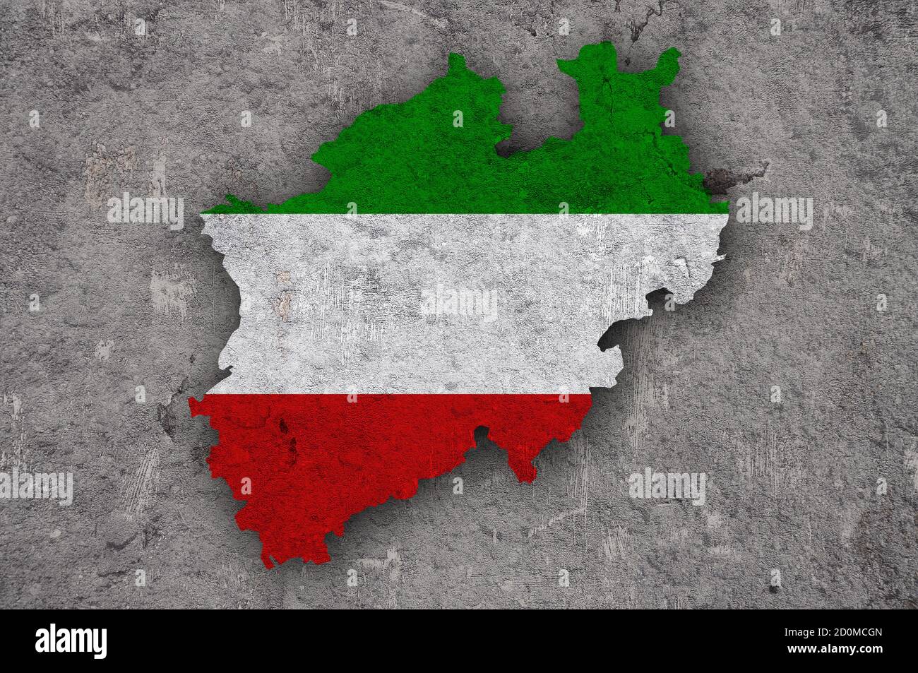 Carte et drapeau de la RhénanieduNordWestphalie sur béton abîmé