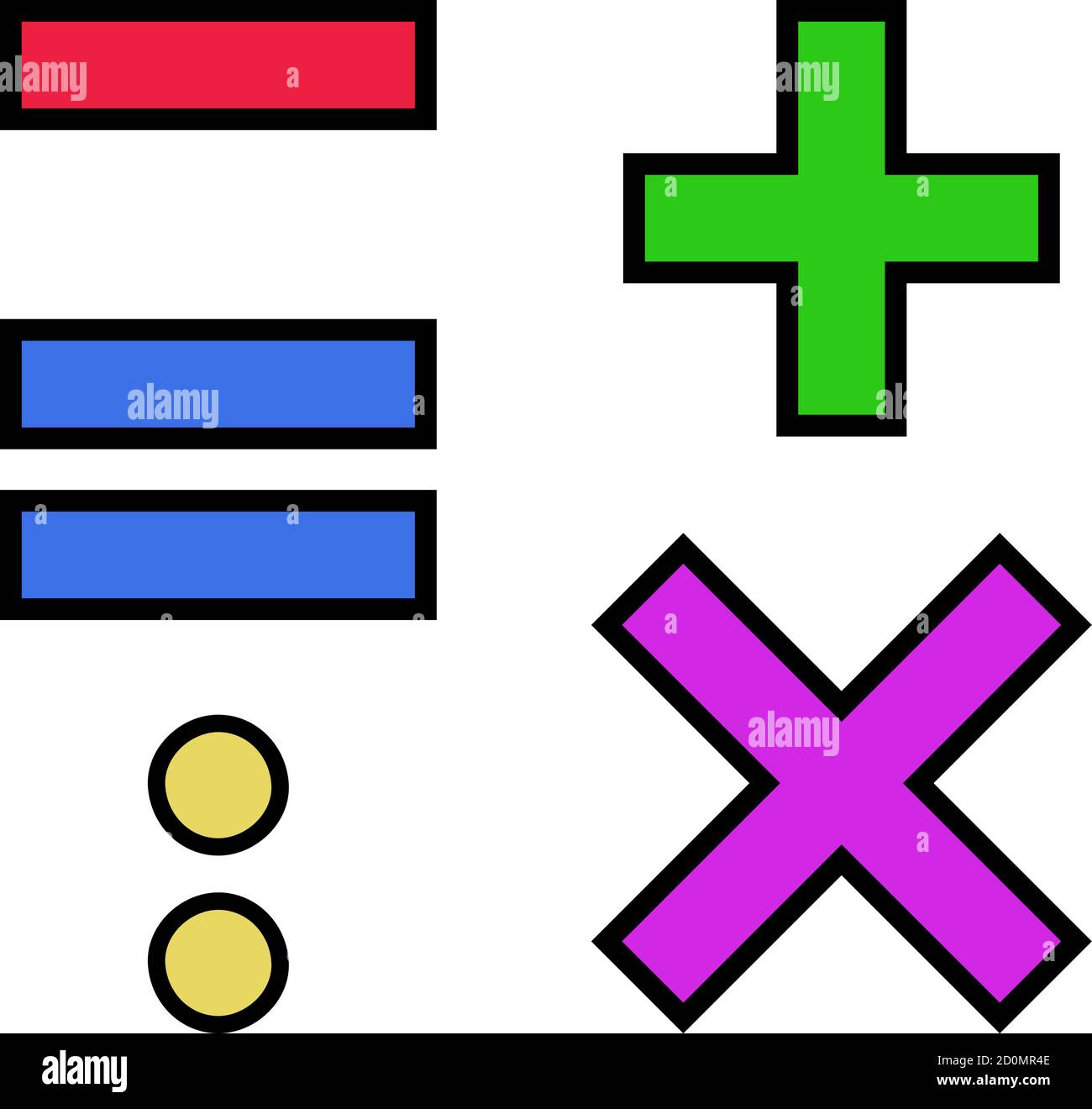 L'ensemble de vecteurs de signes arithmétiques colorés ajoute, soustrait, multiplie, divise, égale. Illustration vectorielle isolée sur blanc. Bon pour apprendre les enfants Illustration de Vecteur