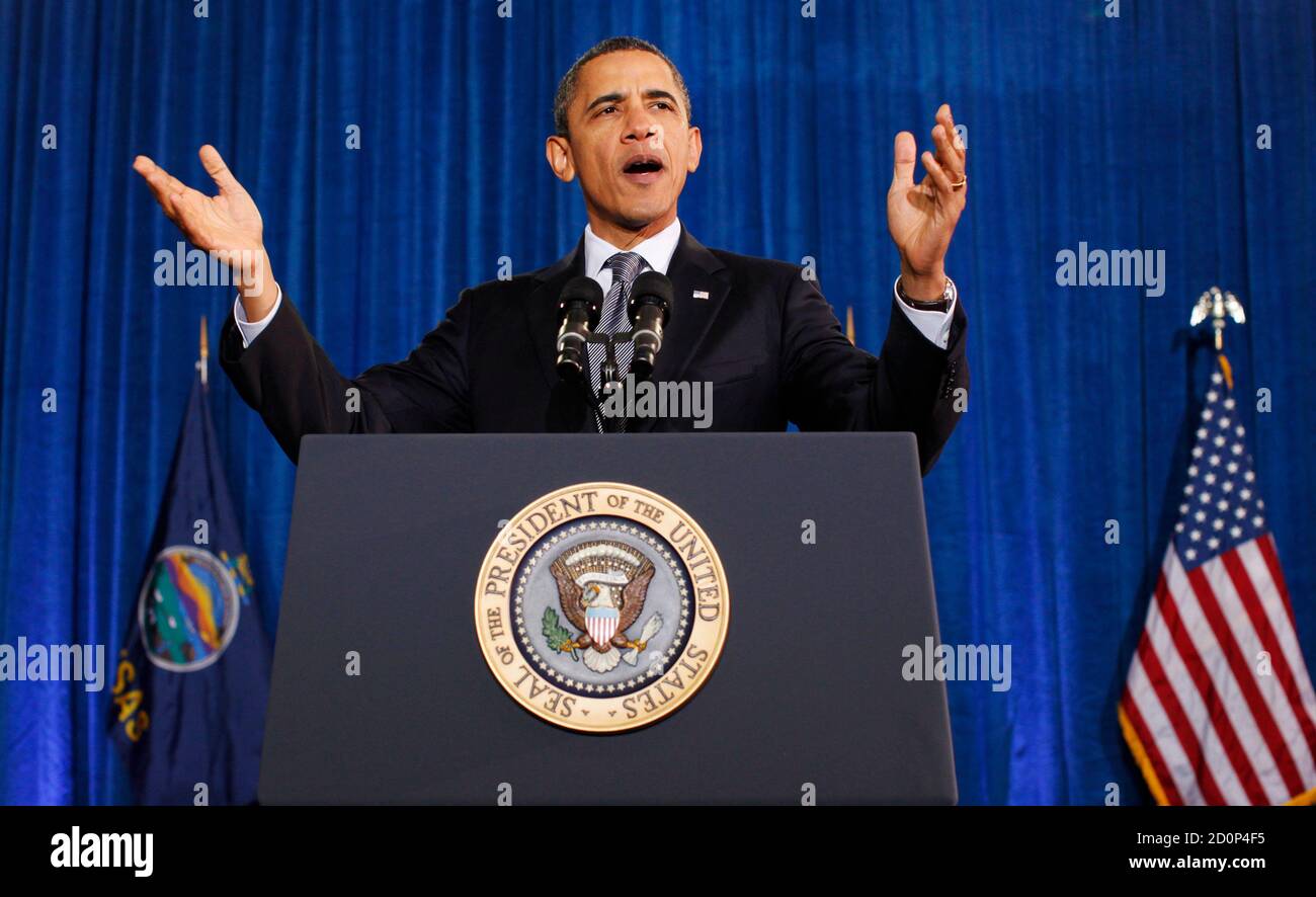 U S President Barack Obama Speaks About The Economy And A Payroll Tax Cut Compromise During A Visit To Osawatomie High School In Kansas December 6 2011 More Than A 100 Years Ago
