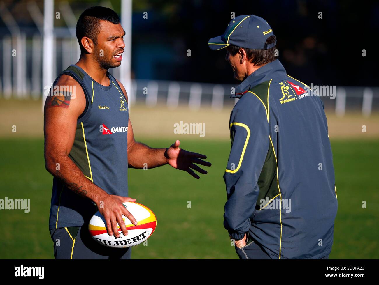 Australian Rugby Team Player Kurtley Beale R Talks With Team Coach Robbie Deans During A Training Session In Sydney July 2 13 A Mightily Relieved Australian Captain James Horwill Will Be Available Australian Rugby Team Player Kurtley Beale R Talks With Team Coach Robbie Deans During A Training Session In Sydney July 2 13 A Mightily Relieved Australian Captain James Horwill Will Be Available