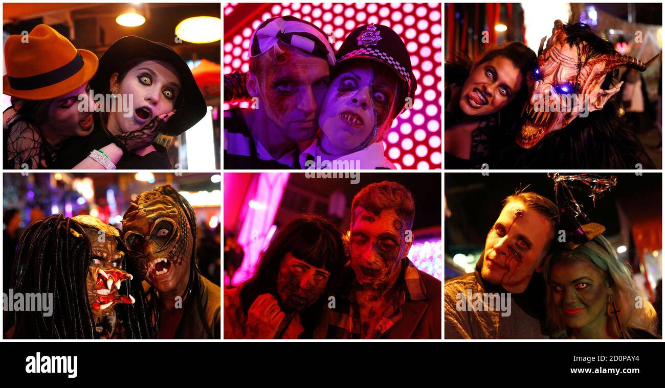 A combination of six pictures shows people dressed in costumes during a  Halloween party in Munich October 31, 2013. More than seven thousand people  dressed as zombies and other costumed characters participated