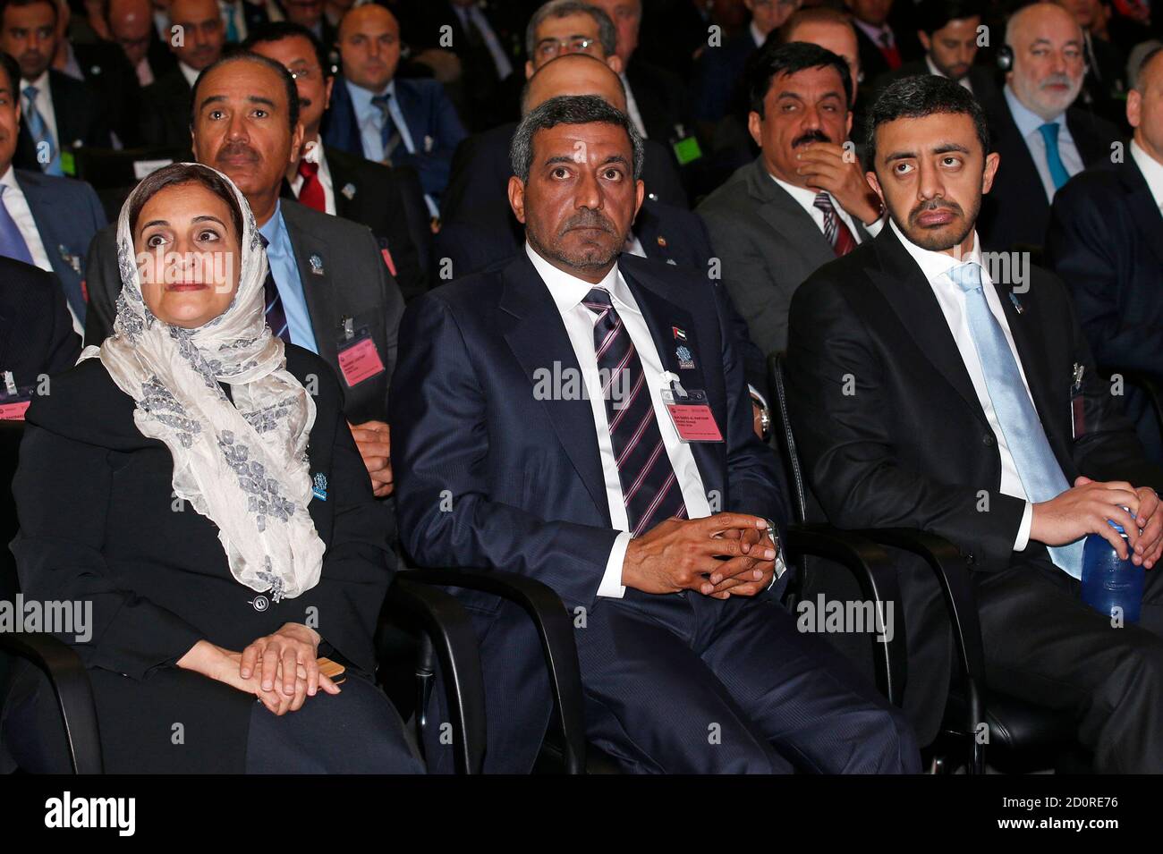 Lubna Al Qasimi (L), Minister, International Cooperation and Development in  the United Arab Emirates, Sheikh Ahmed Bin Saeed Al-Maktoum (C), chairman  and chief executive of Emirates Airlines and Sheikh Abdullah Bin Zayed