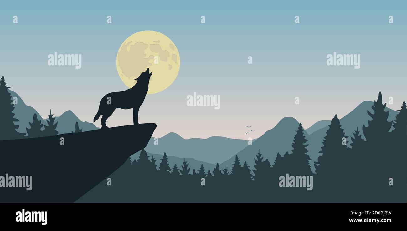 le loup hurle à pleine lune nature paysage illustration vecteur EPS10
