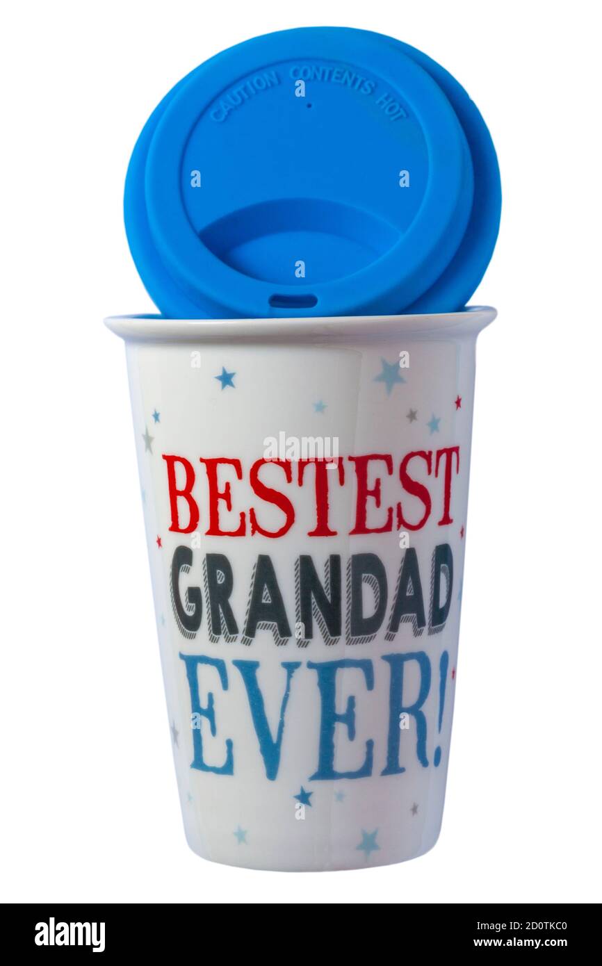 Tasse à boire en céramique BESTest Granddad avec couvercle isolé Fond blanc - cadeau de fête des pères présent - contenu de mise en garde chaud Banque D'Images