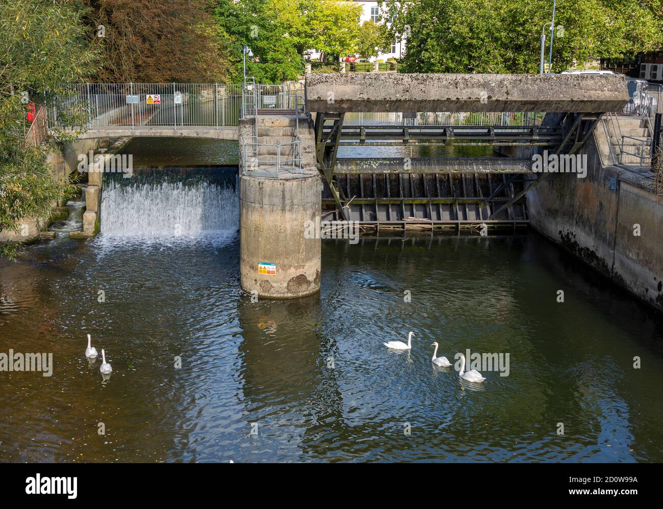 Défenses contre les crues pour réguler le débit d'eau River Avon, Chippenham, Wiltshire, Angleterre, Royaume-Uni Banque D'Images