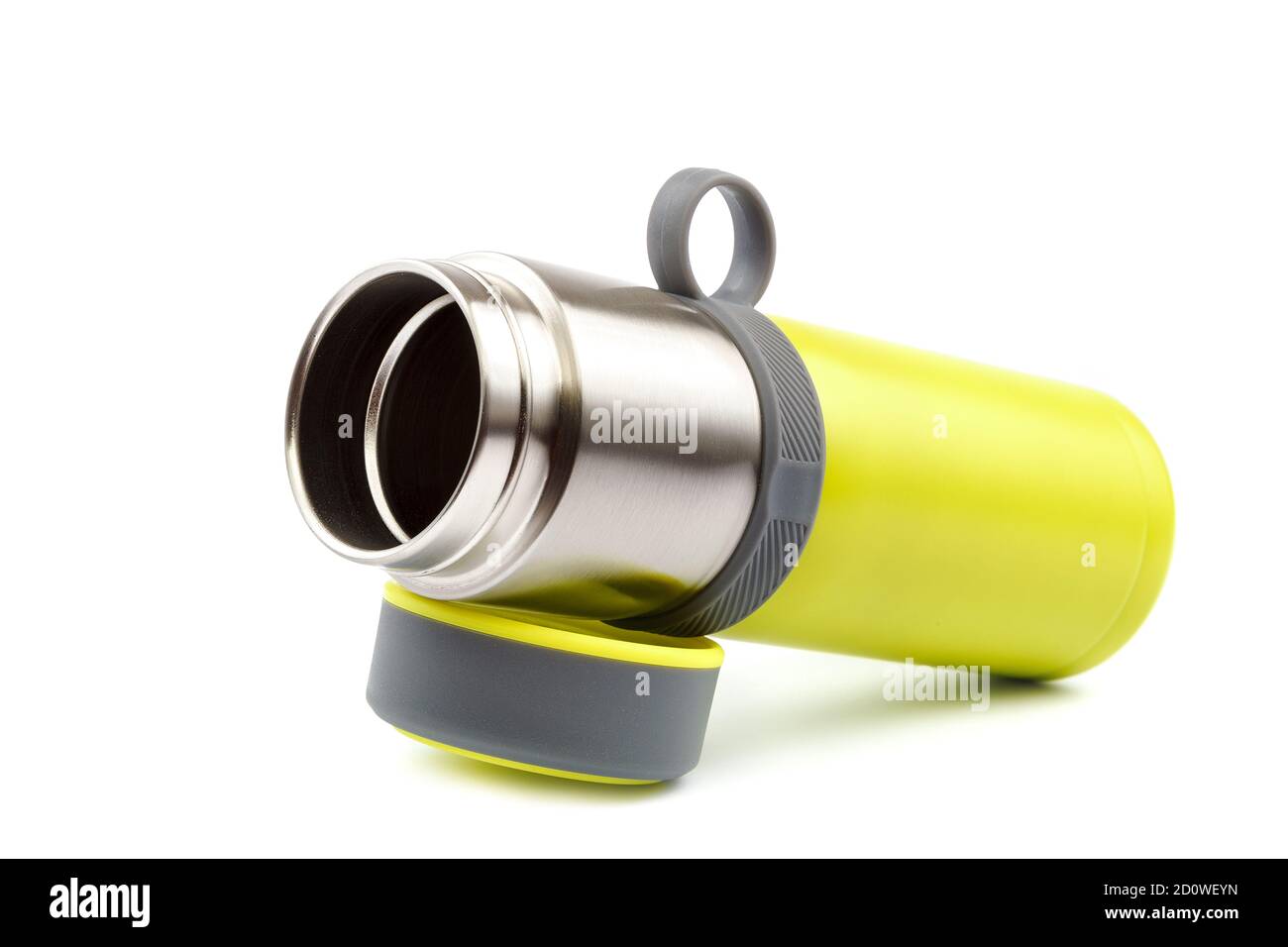Thermos en verre élégants isolés sur fond blanc. Banque D'Images