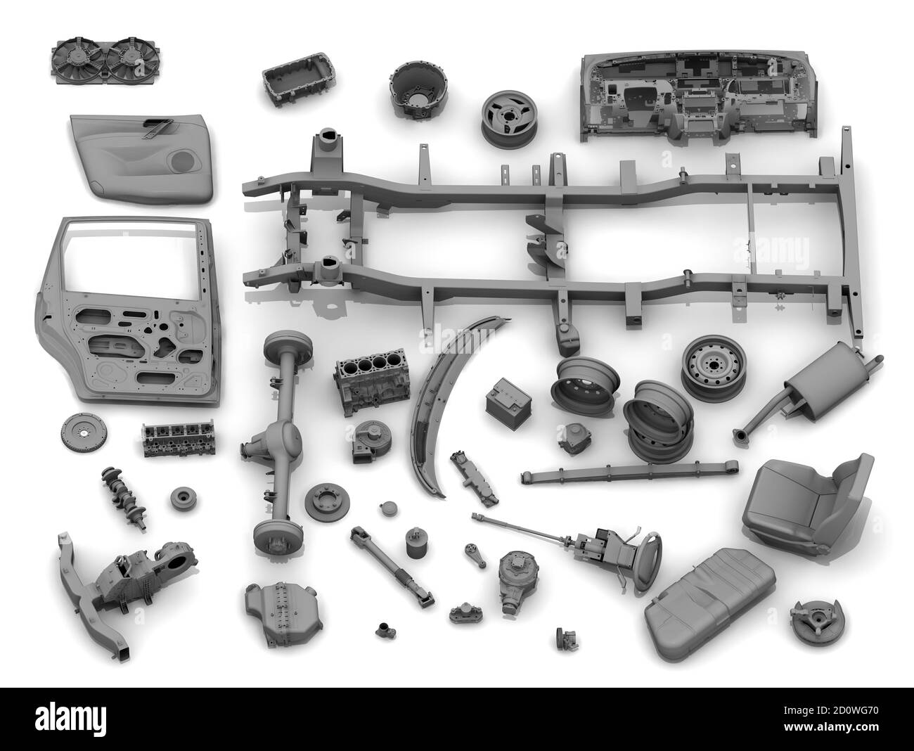 Détails de la voiture. Différentes parties de la voiture reposant sur une surface blanche. Isolé. Illustration 3D Banque D'Images