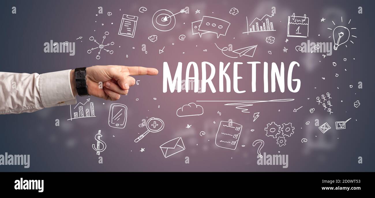 Gros plan de la main rognée pointant sur l'inscription MARKETING, concept de solution d'affaires moderne Banque D'Images