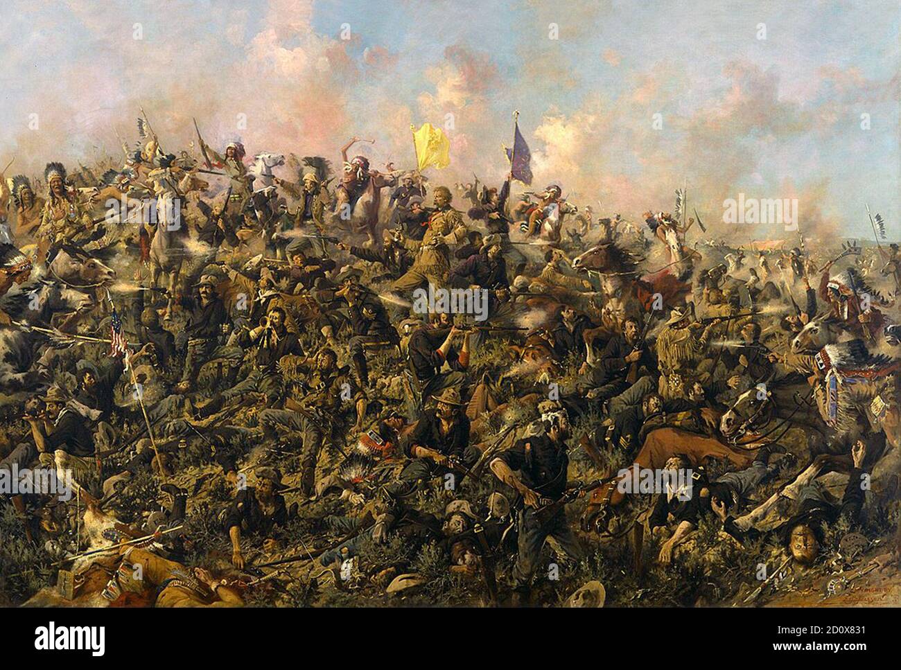 Le dernier stand de Custer par Edgar Samuel Paxson en 1899. Image du domaine public en vertu de l'âge. La bataille du petit Bighorn, connue des Lakota et d'autres Indiens des plaines comme la bataille de l'herbe graisseuse et aussi communément appelée le dernier stand de Custer, était un engagement armé entre les forces combinées du Lakota, Cheyenne du Nord, Et les tribus Arapaho et le 7e Régiment de cavalerie de l'armée des États-Unis. La bataille, qui a entraîné la défaite des forces américaines, a été l'action la plus importante de la Grande Guerre des Sioux de 1876. Il a eu lieu du 25 au 26 juin 1876, le long du petit Bighorn R. Banque D'Images