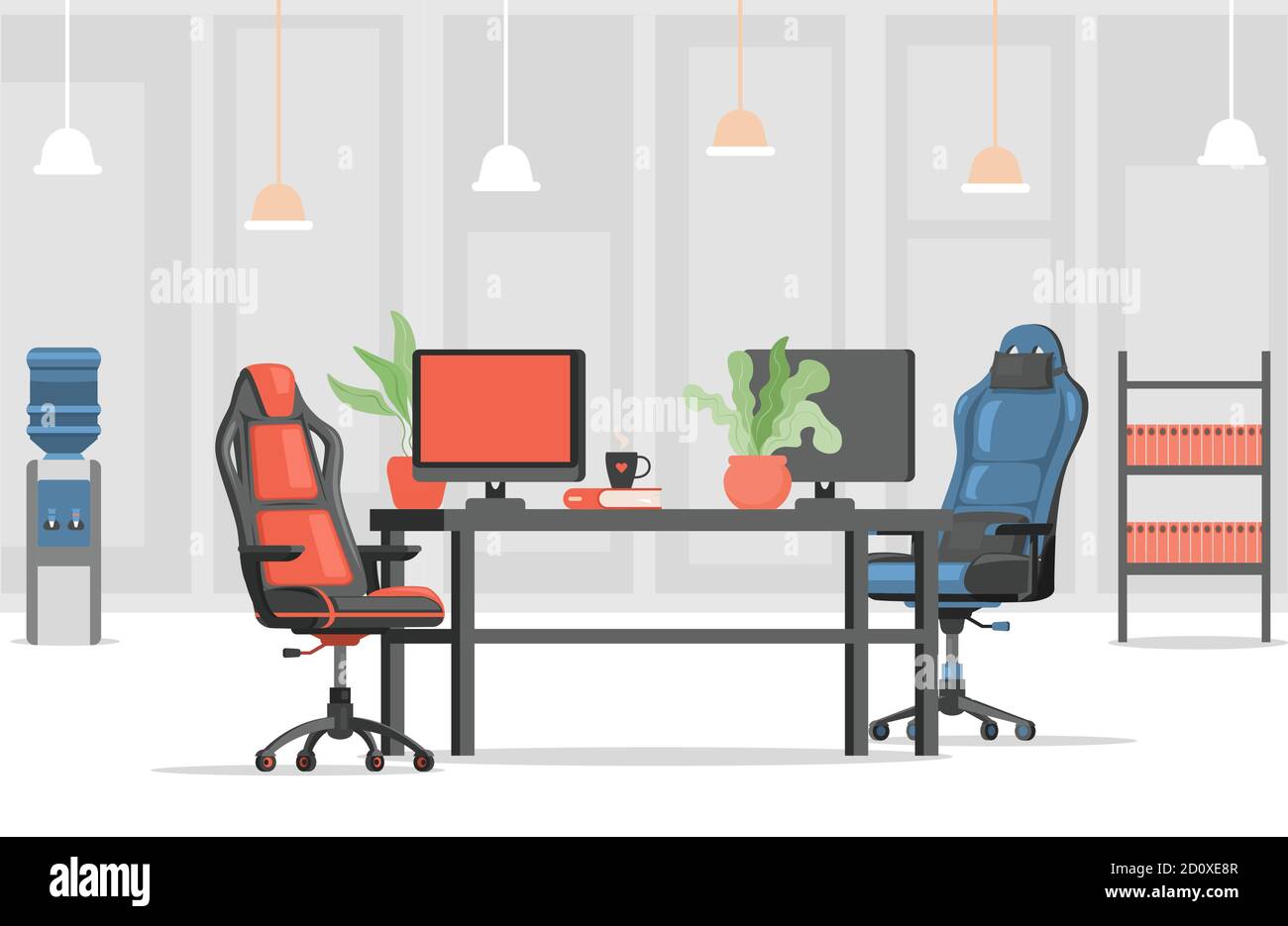 Design moderne et élégant pour le lieu de travail vectoriel plat. Fauteuils rouges et bleus ou chaises de jeu, moniteurs d'ordinateur et documents de bureau dans des étagères à livres. Décoration intérieure de bureau. Illustration de Vecteur