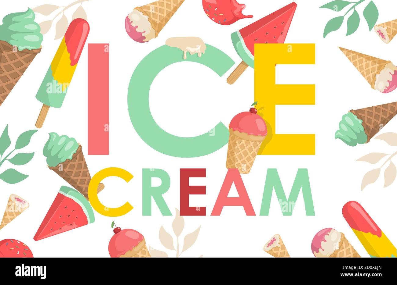 Motif poster à motif texte vectoriel crème glacée. Glaces d'été sucrées et délicieuses. Crèmes glacées au melon d'eau, au chocolat, à la vanille, à la fraise, à la cerise et au pistache dans des cornets de gaufres. Illustration de Vecteur