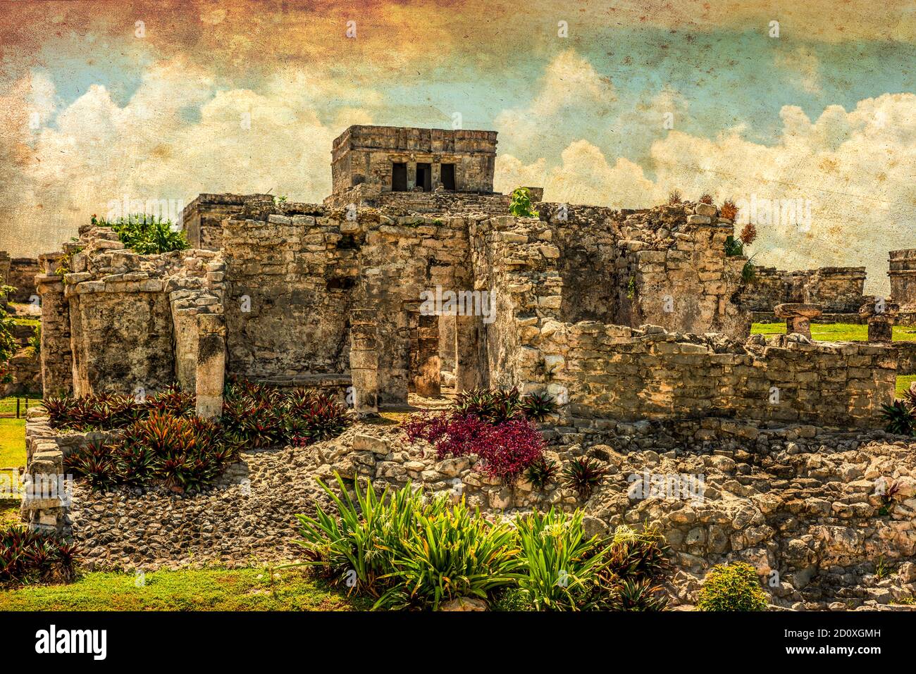 Ruines mayas dans le parc national de Tulum (Yucatan, Mexique). Banque D'Images