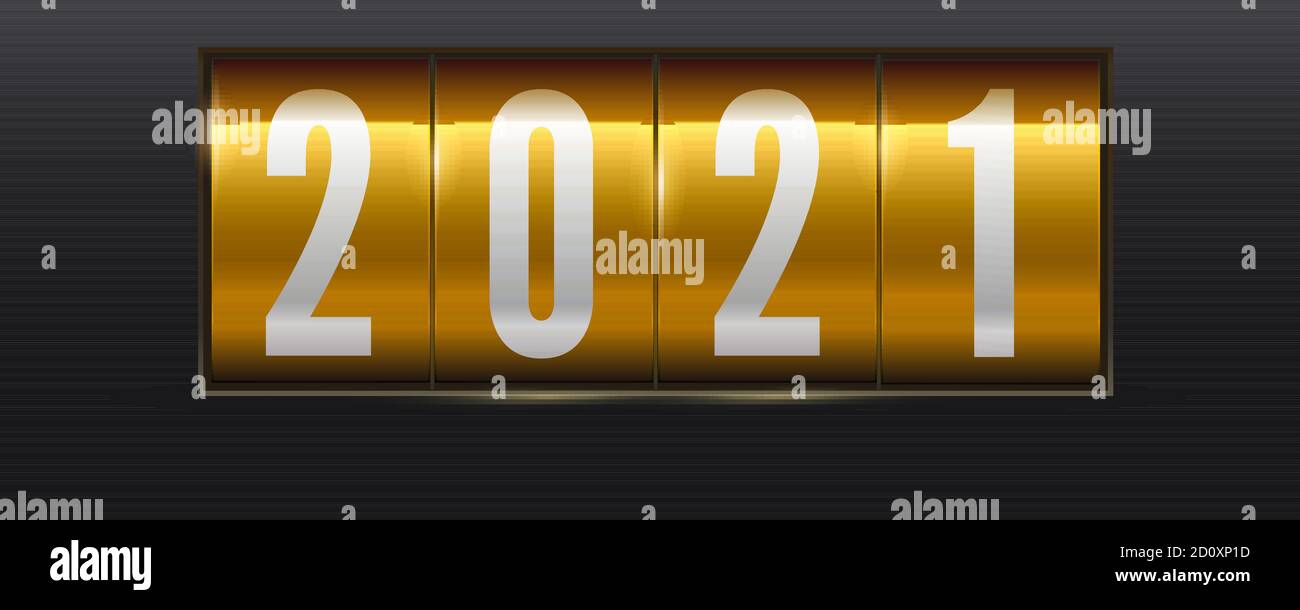 Tableau d'or de la nouvelle année. Numéros de 2021 sur le compteur rétro mécanique isolé sur fond noir. Illustration 3d vectorielle Illustration de Vecteur