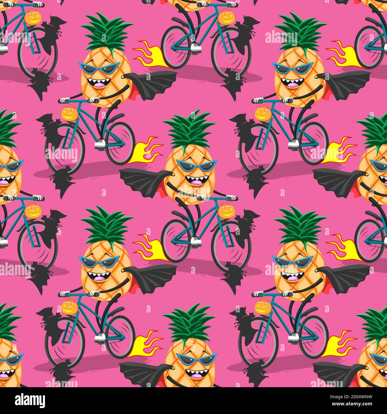 Motif dessin animé sans couture ananas sur des balades à vélo sur les chauves-souris d'Halloween sur fond rose. Image vectorielle Illustration de Vecteur
