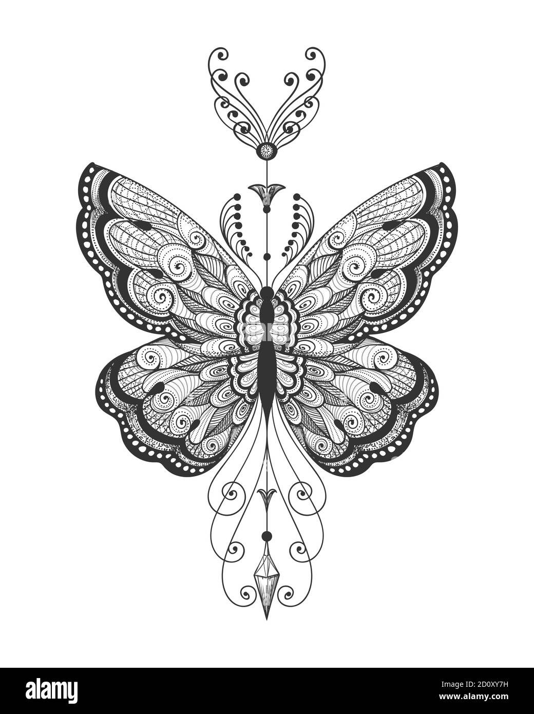 Papillon Tattoo dessiné à la main sur fond blanc. Signe mystique abstrait. Illustration vectorielle. Illustration de Vecteur