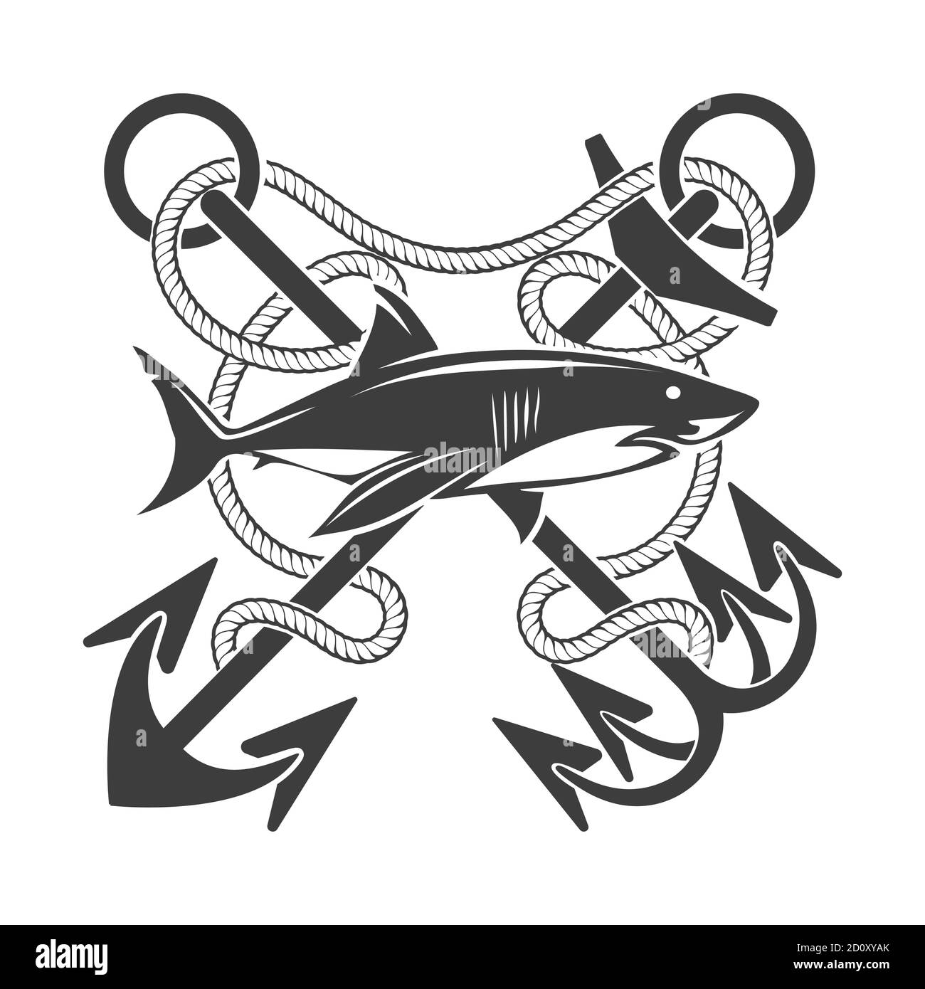 Grand requin et Anchors croisés avec cordes marines Tattoo nautique. Illustration vectorielle. Illustration de Vecteur
