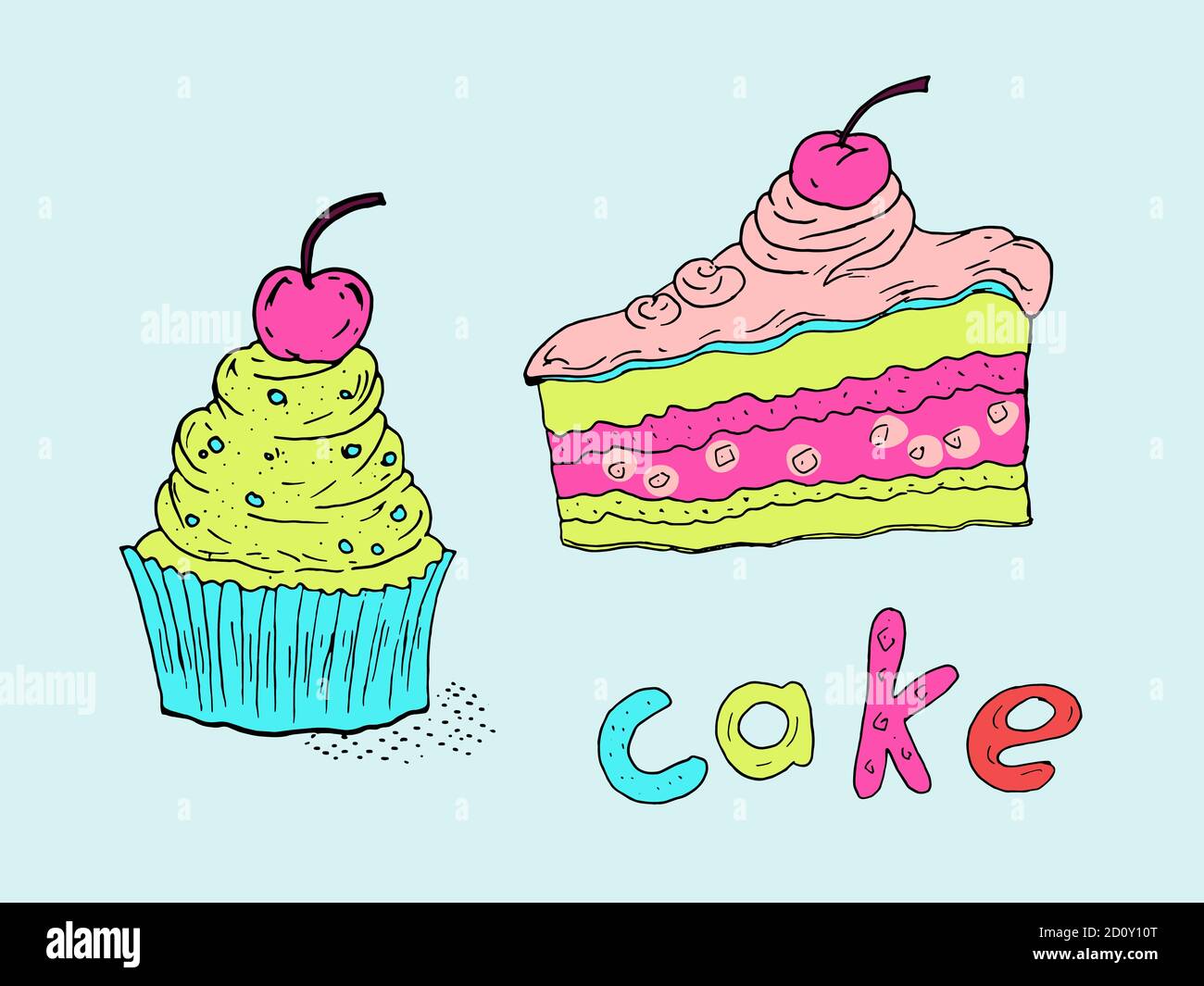 Illustration dessinée à la main d'un gâteau, d'un cupcake et de l'inscription manuscrite « Cake ». Esquisse colorée. Illustration de Vecteur