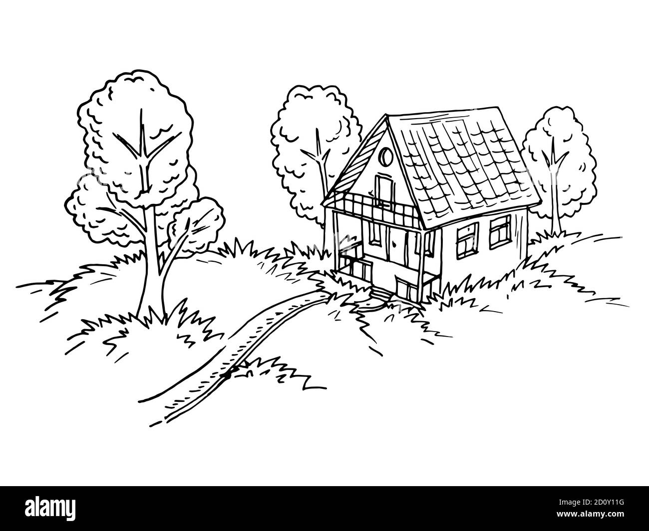 Illustration dessinée à la main d'une maison de campagne. Esquisse en noir et blanc. Illustration de Vecteur
