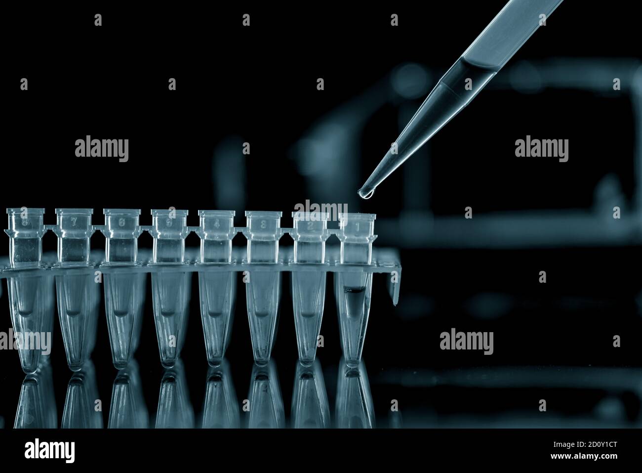 Tubes PCR en bandelettes et en pipette dans un laboratoire de recherche génétique gros plan Banque D'Images