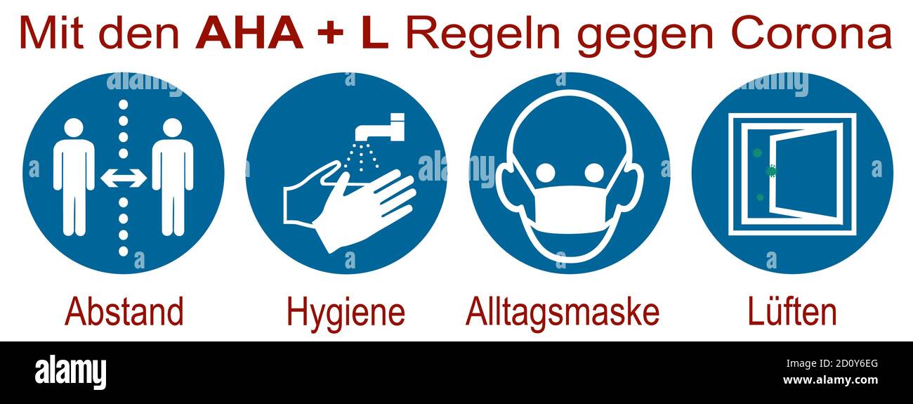 Signer avec la nouvelle règle AHA + L. Texte allemand: 'Avec les règles AHA + les règles L (distance, hygiène, masque de tous les jours, ventilation) contre Corona. Fichier vectoriel Illustration de Vecteur