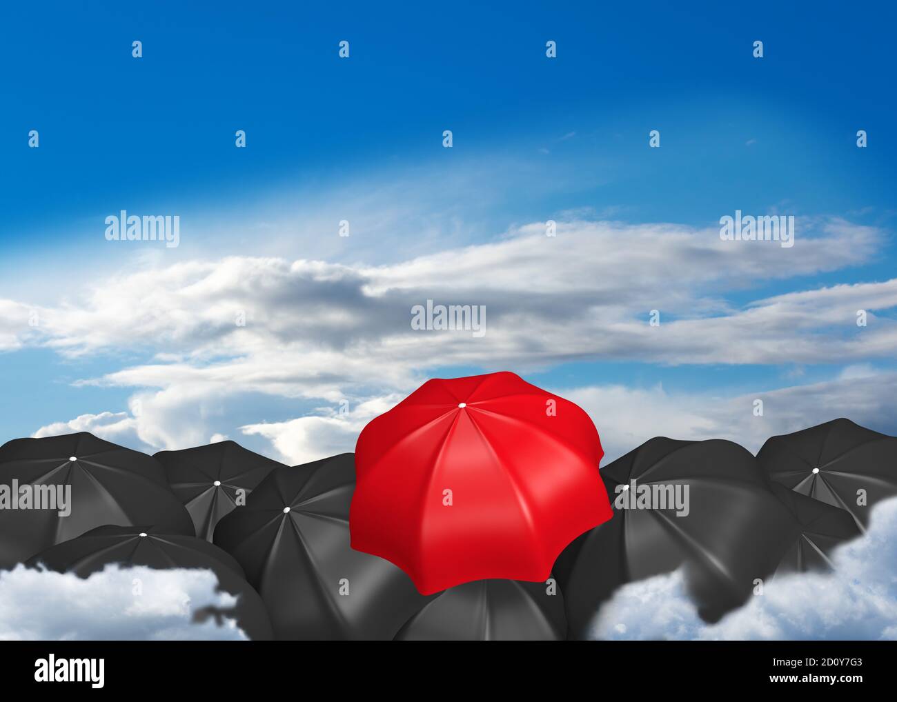 Il y a plein de parasols noirs et un rouge qui s'en tient. rendu 3d Banque D'Images Il y a plein de parasols noirs et un rouge qui s'en tient. rendu 3d Banque D'Images