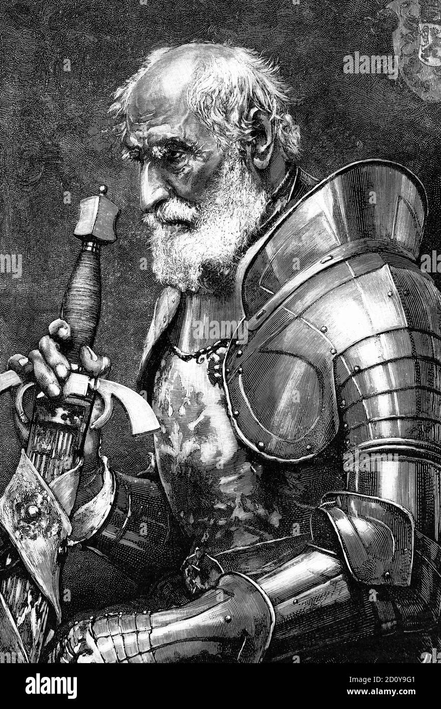 Soldat médiéval avec armure et épée. Illustration ancienne. 1882. Banque D'Images