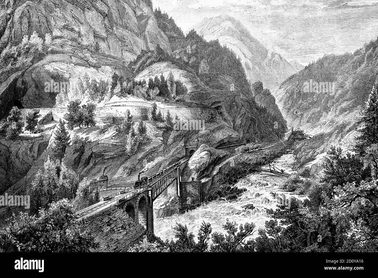 Train de Gotthard, Suisse. Quitter le tunnel. Illustration ancienne. 1882. Banque D'Images