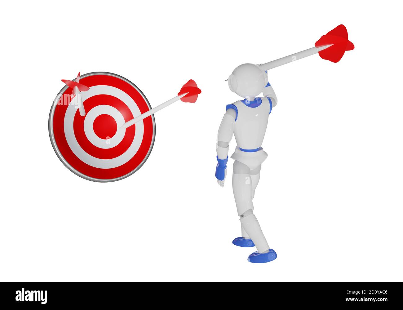 Un robot humanoïde lance une flèche sur un plan de travail. rendu 3d Banque D'Images