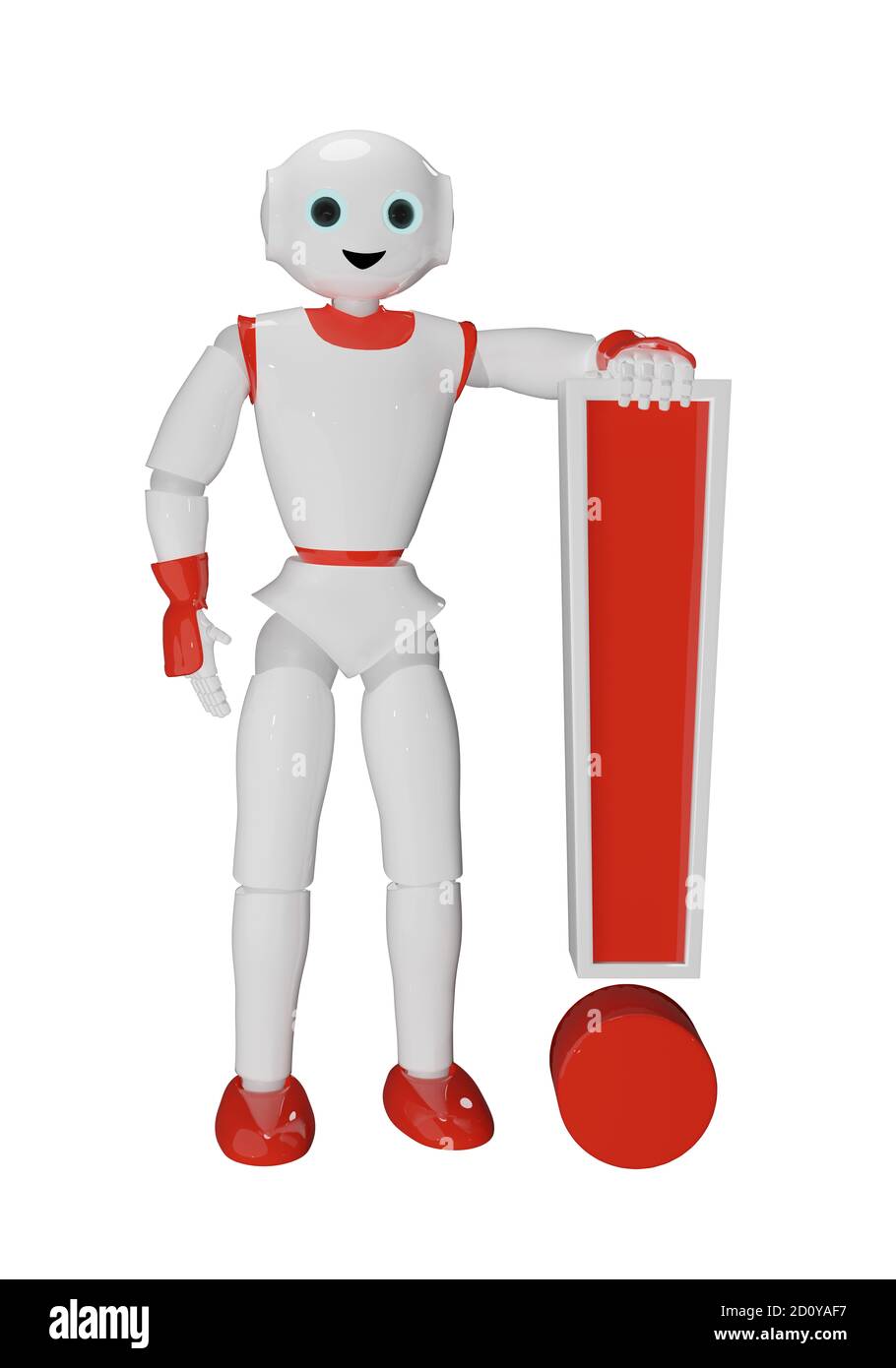 Le robot humanoïde repose sur un point d'exclamation. rendu 3d Banque D'Images