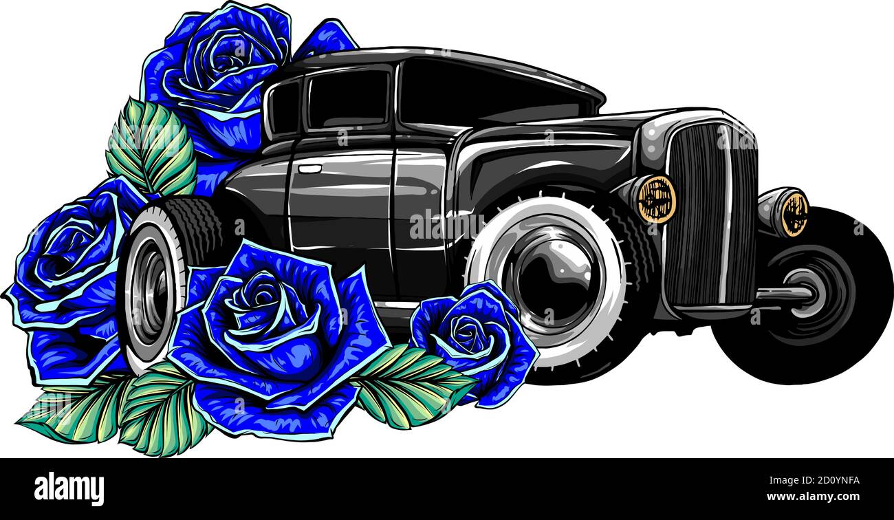 Rétro vintage vecteur 60s, 50s automobile. Vieille voiture d'école avec cadre dessiné à la main et roses décoratives dans le style classique. Ancienne bordure sur l'arrière-plan. Illustration de Vecteur