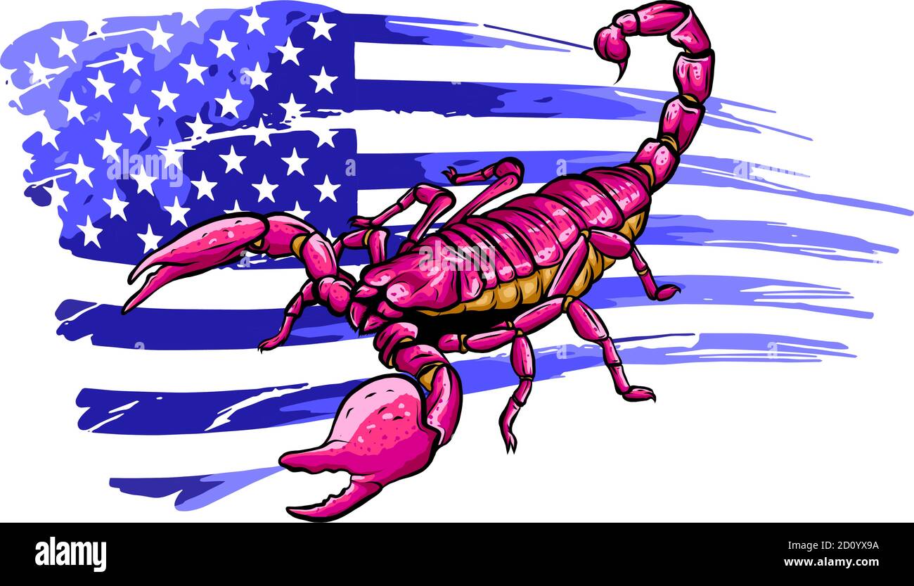 scorpion avec drapeau américain. Illustration de gros plan de dessin animé vectoriel. Illustration de Vecteur