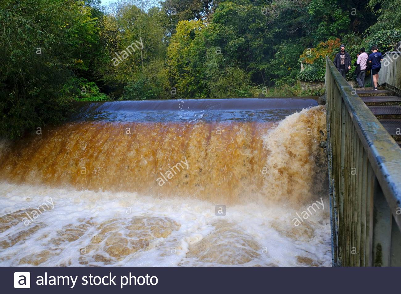 Édimbourg, Écosse, Royaume-Uni. 4 octobre 2020. Après 24 heures de pluie continue de Storm Alex, l'eau de Leith coule rapidement et est en proie à de nombreux déversoirs et cascades débordant d'eau blanche turbulente. Crédit : Craig Brown/Alay Live News Banque D'Images