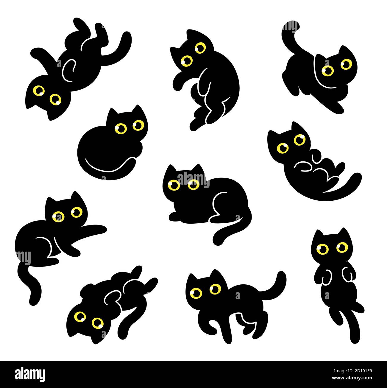 Ensemble de dessin mignon chat noir de dessin animé. Des gribouillages de chatons dessinés à la main dans différentes poses. Illustration simple de clip art vectoriel de style kawaii. Illustration de Vecteur