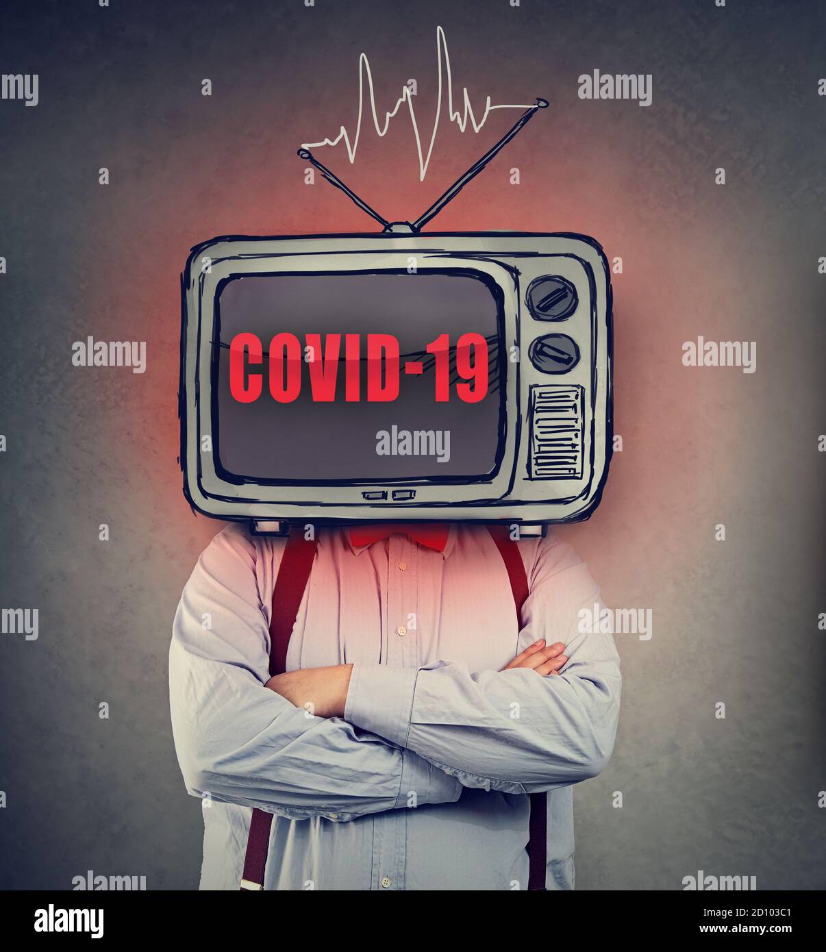Homme avec un téléviseur au lieu d'une tête de regarder non Arrêter les nouvelles du coronavirus Banque D'Images