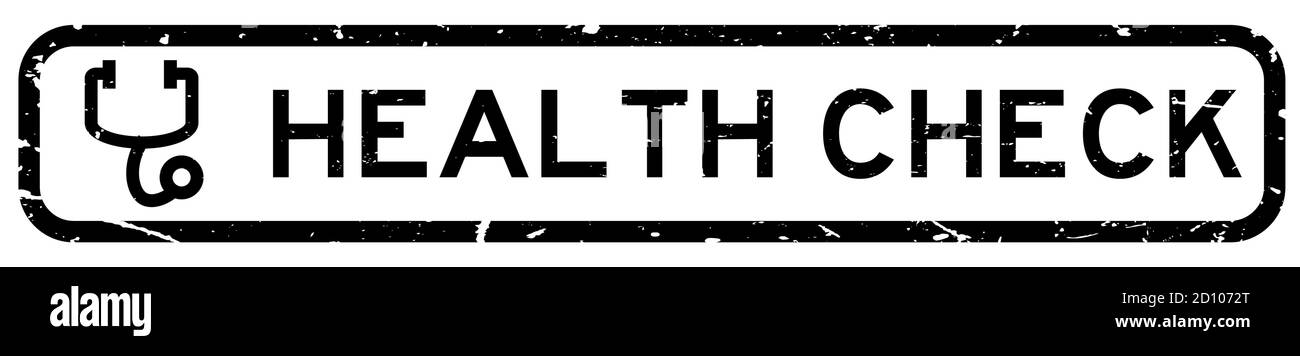 Grunge noir mot de contrôle de santé avec l'icône stéthoscope en caoutchouc carré cachet sur fond blanc Illustration de Vecteur
