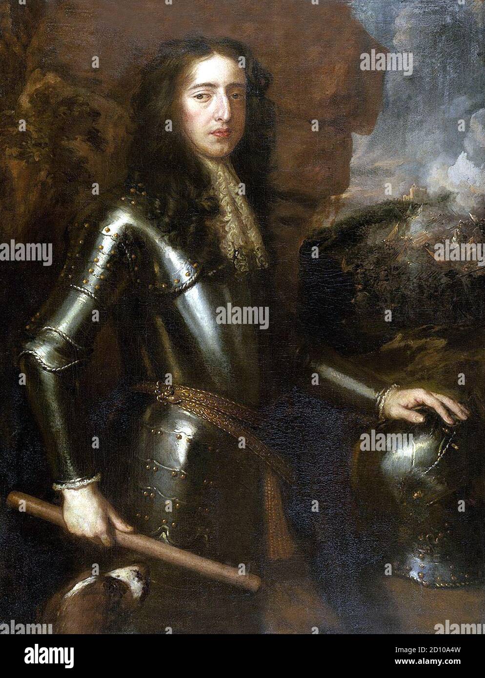 William III (« William of Orange »), roi d'Angleterre, d'Écosse et d'Irlande, 1689–1702, Stadtholder aux pays-Bas, 1672–1702. Créé entre 1680 et 1710. La bataille de la Boyne fut une bataille en 1690 entre les forces du roi déchu James II d'Angleterre et d'Irlande, VII d'Écosse, contre celles du roi William III qui, avec sa femme la reine Marie II (son cousin et la fille de James), Avait accédé aux couronnes de l'Angleterre et de l'Écosse[b] en 1689. La bataille a eu lieu à travers le fleuve Boyne près de la ville de Drogheda dans le Royaume d'Irlande, la République moderne d'Irlande, et resu Banque D'Images