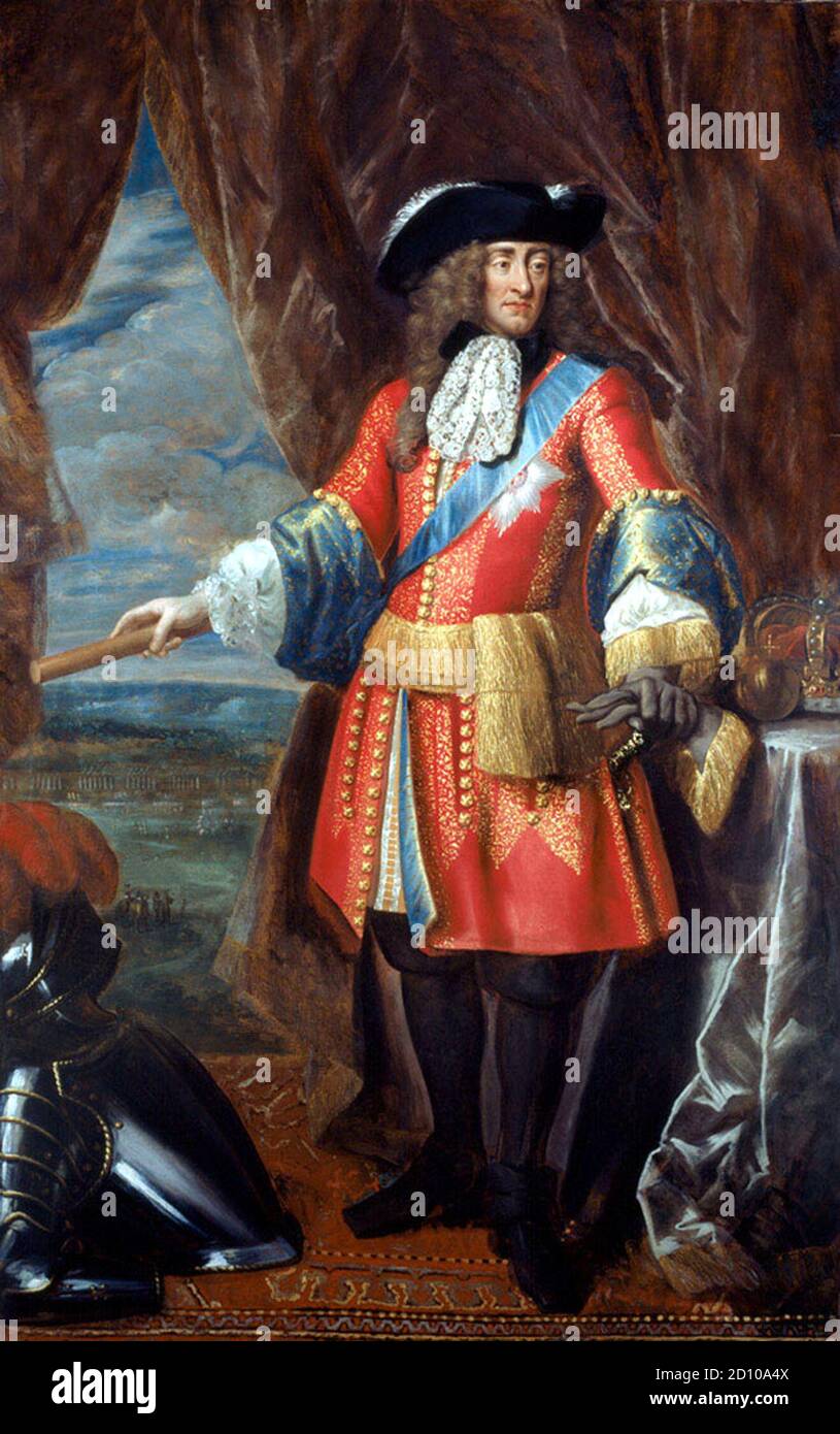 James II, roi d'Angleterre et d'Irlande, James VII d'Écosse, 1685–1688, dépeint comme chef de l'armée vers 1685, avant la bataille de la Boyne. La bataille de la Boyne fut une bataille en 1690 entre les forces du roi déchu James II d'Angleterre et d'Irlande, VII d'Écosse, contre celles du roi William III qui, avec sa femme la reine Marie II (son cousin et la fille de James), Avait accédé aux couronnes de l'Angleterre et de l'Écosse[b] en 1689. La bataille a eu lieu à travers le fleuve Boyne près de la ville de Drogheda dans le Royaume d'Irlande, République moderne d'Irlande, et a abouti à un vict Banque D'Images