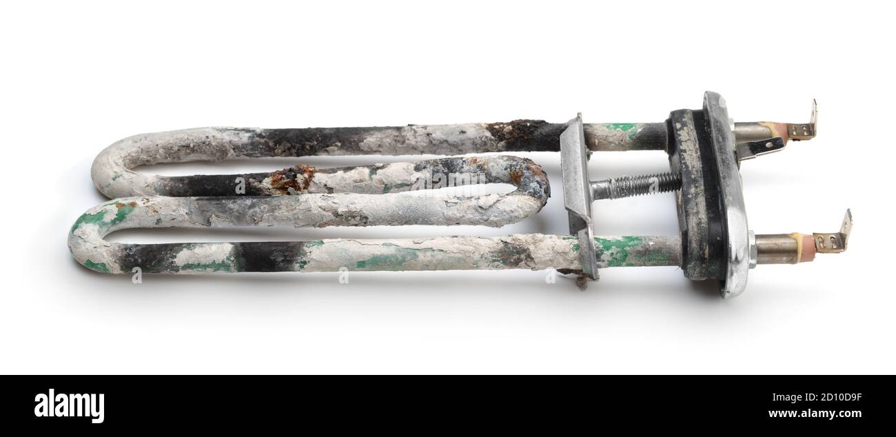 Chauffage défectueux pour lave-linge isolé sur blanc. Banque D'Images