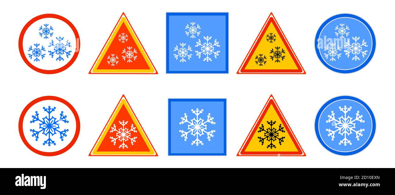 Panneau Carre Rouge Avec Flocon Sur Autoroute Ensemble de panneaux de signalisation pour le froid isolé sur fond blanc.  Signe neige, froid avec flocon de neige en cercle, rectangle et triangle.  Symbole de route glissante. Vecteur Image Vectorielle Stock -