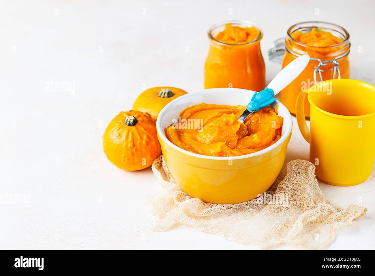 Puree De Citrouilles Maison Dans Un Bol Avec Une Cuillere Pour Bebe Et Des Citrouilles Fraiches Sur Fond Clair Le Concept De La Nourriture Pour Bebe Photo Stock Alamy