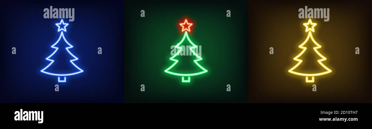 Ensemble de sapin de Noël au néon avec étoile, icône lumineuse. Silhouette d'arbre du nouvel an au néon, contour de l'arbre de Noël en bleu, vert et jaune. Fi festif Illustration de Vecteur