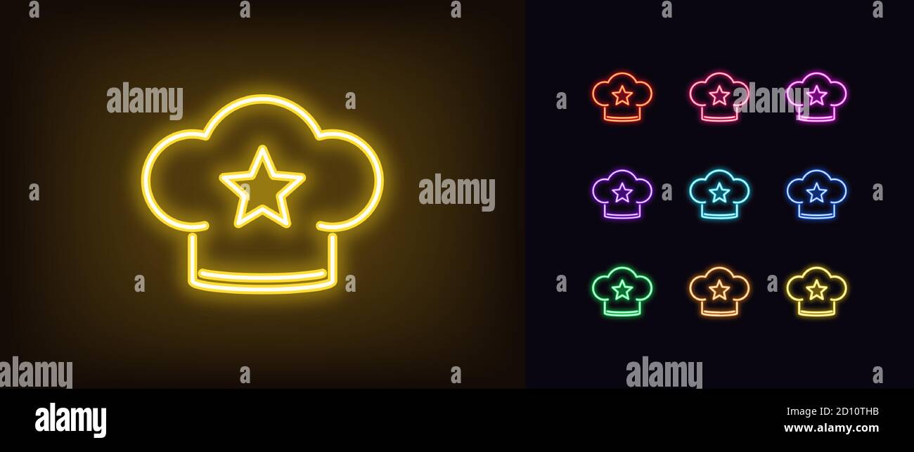 Chapeau de chef néon, icône lumineuse. Casquette de chef au néon avec étoile, classement boulangerie dans des couleurs vives. Revue de cuisine, restaurant préféré, meilleur cuisinier, sucreries Illustration de Vecteur