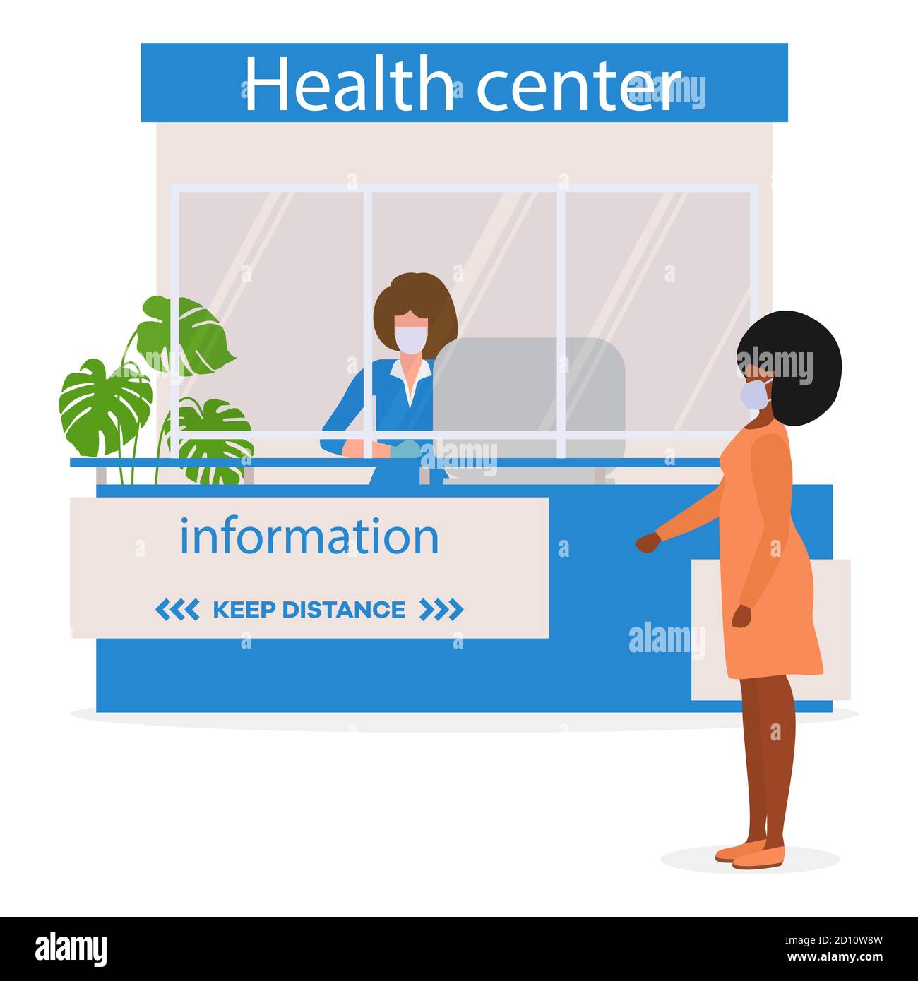 Illustration vectorielle Centre de santé. Salle de réception à la clinique. Réceptionniste dans un masque médical de protection et des gants derrière le lieu de travail en clinique et patient Illustration de Vecteur