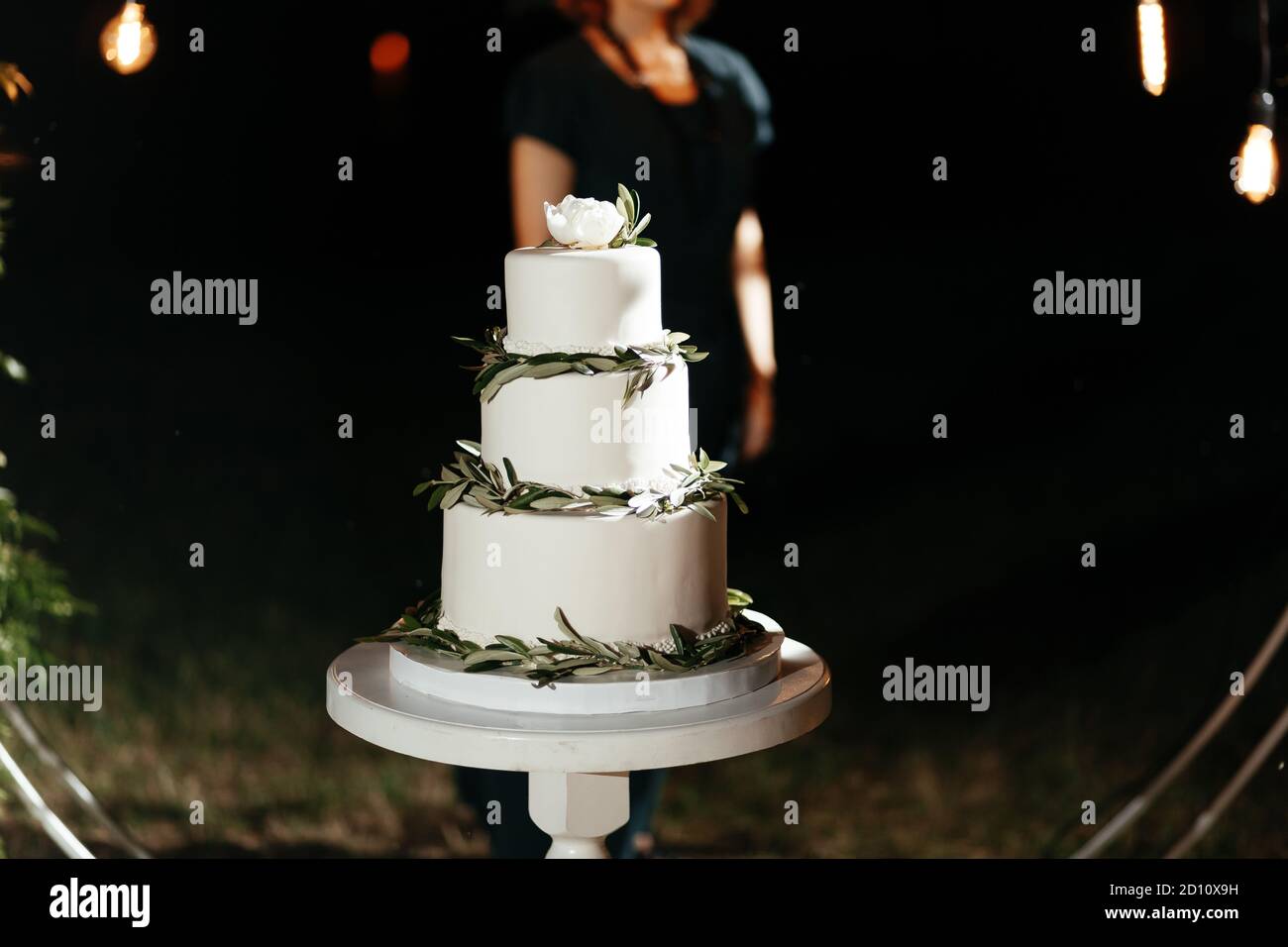 Gâteau de mariage à trois étages décoré de pivoines. Gâteau au mariage Banque D'Images