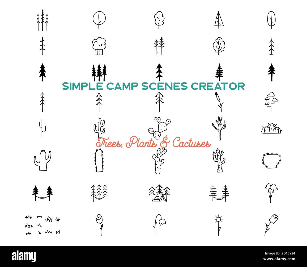 Ensemble de formes d'icônes et d'arbres vectoriels simples. Kit de création de logo. Ensemble aventure en plein air art. Concept linéaire de silhouette. Stock Illustration de Vecteur