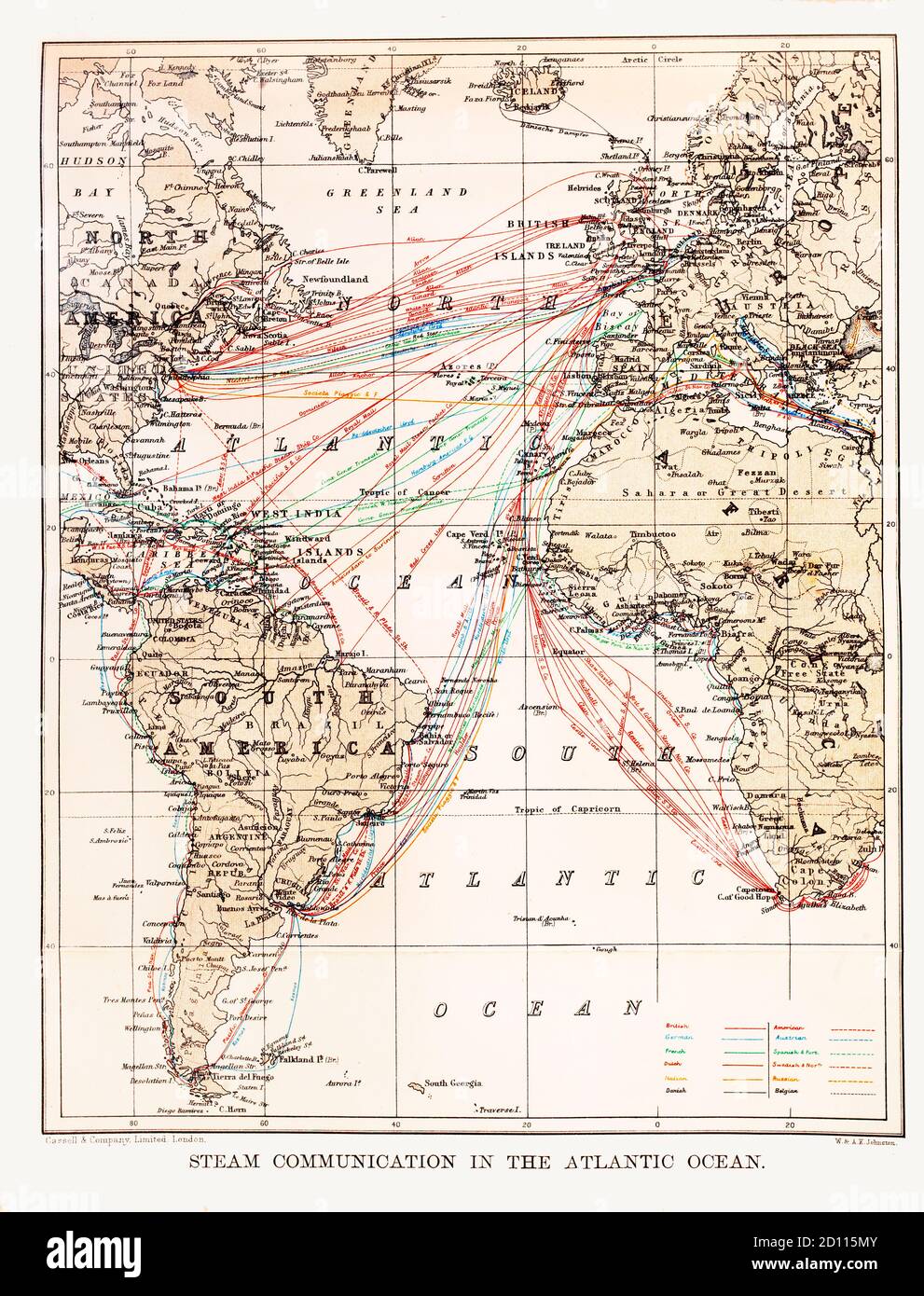 Une carte de la côte atlantique de la fin du XIXe siècle, illustrant les itinéraires de navigation entre les îles britanniques et le reste du monde. Notez que les noms de certains emplacements ne sont plus utilisés. Banque D'Images